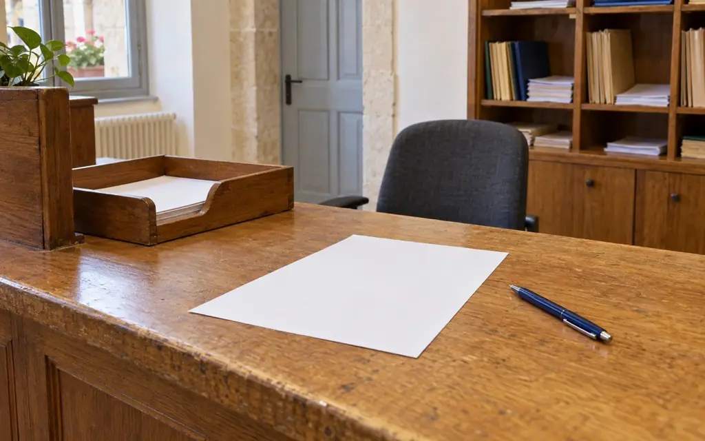Accueil municipal calme avec dossiers vierges.