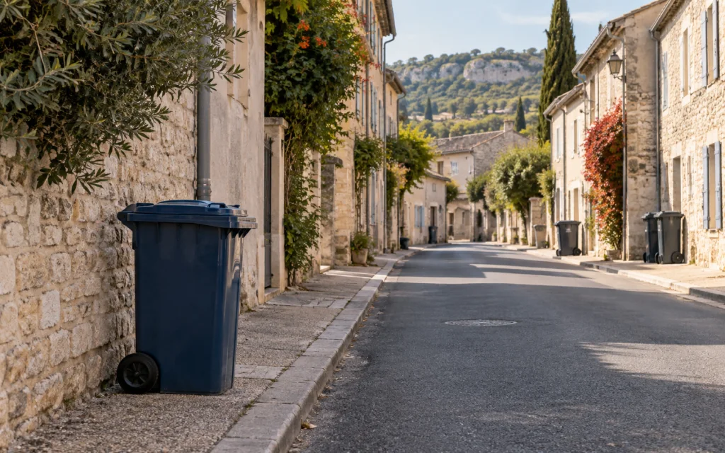 Bac roulant resté au bord d’une rue après le passage de la collecte.