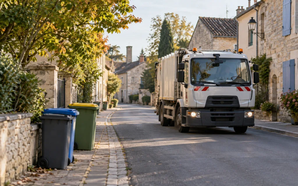 Camion de collecte et bacs ménagers au bord d’une rue de village.