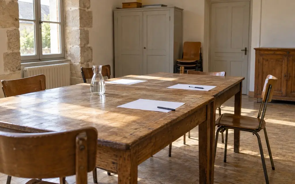 Salle associative prête pour une réunion.