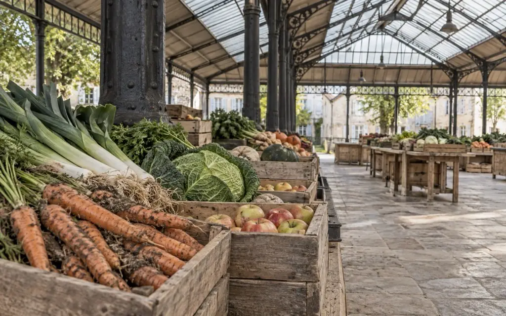Marché couvert de quartier baigné de lumière.