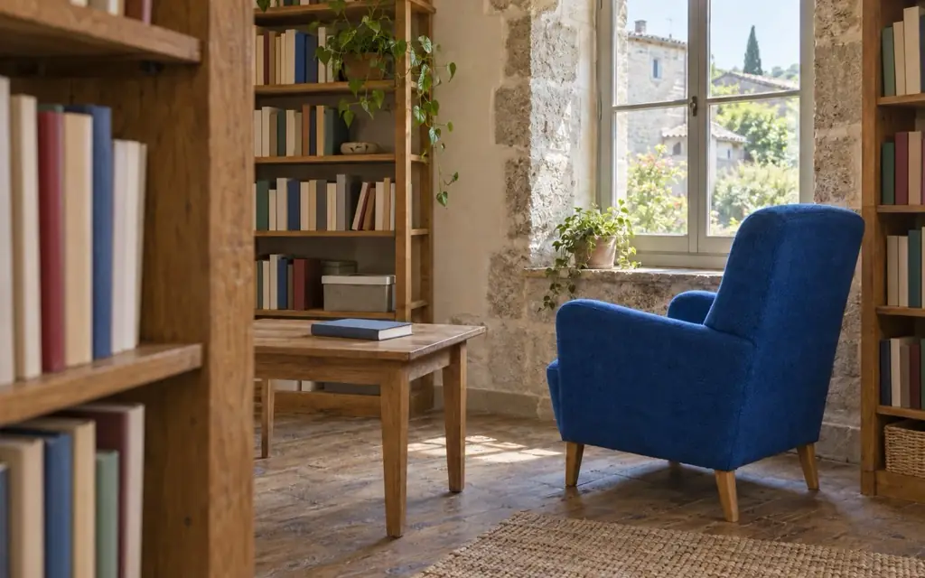 Intérieur chaleureux de médiathèque.